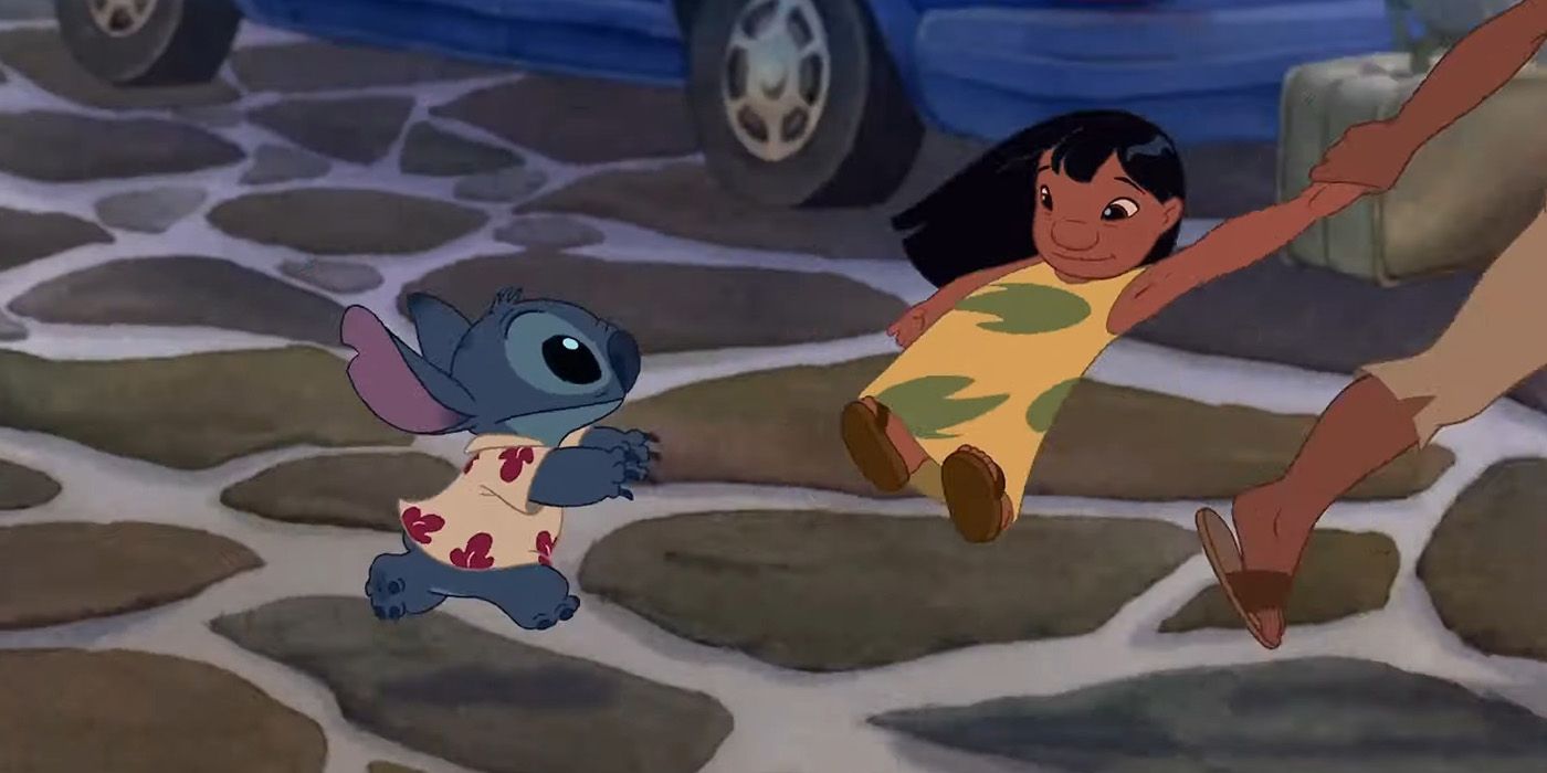 Lilo and Sttitch running from a hotel