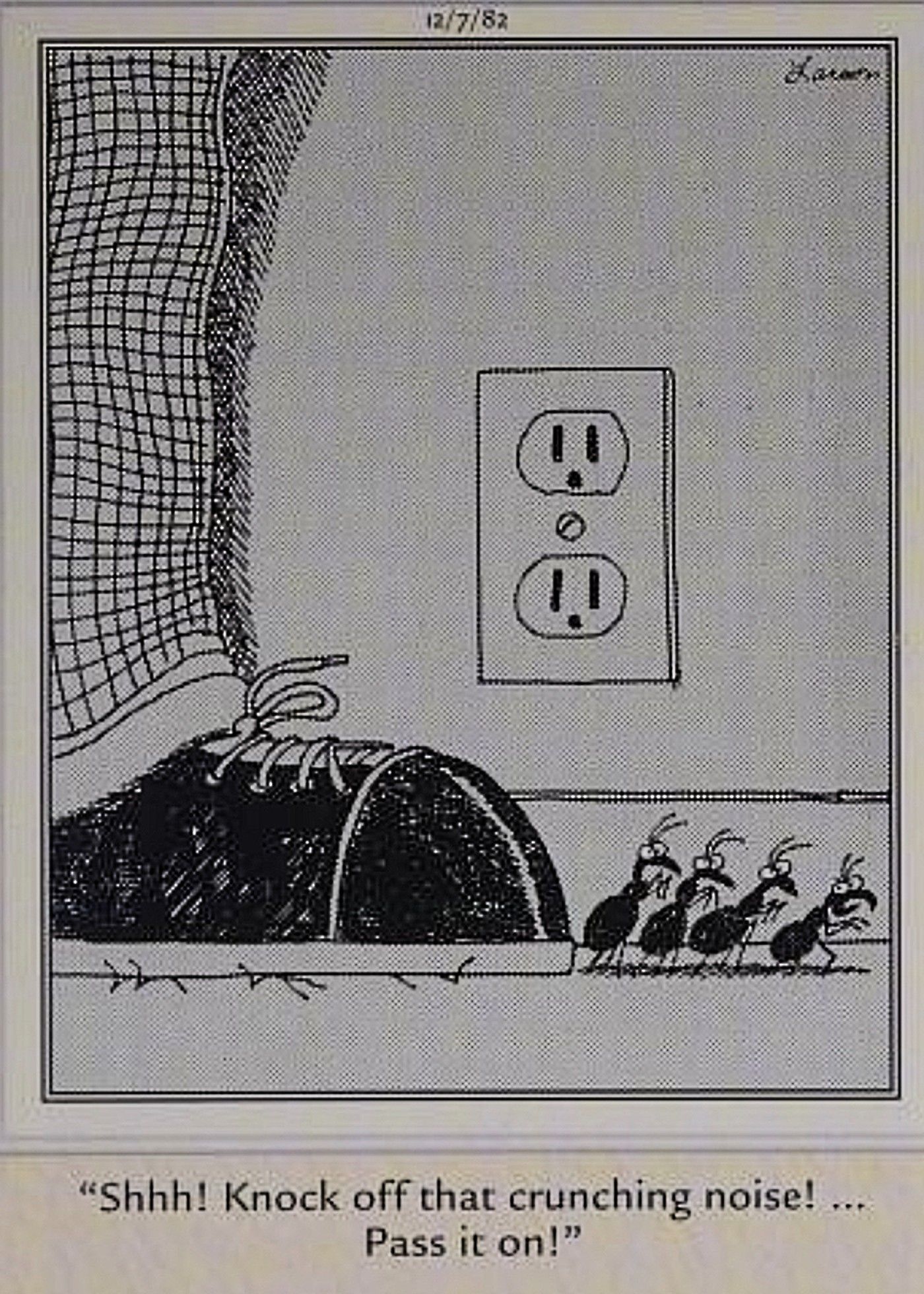 The Far Side, line of ants being stomped on by a human.