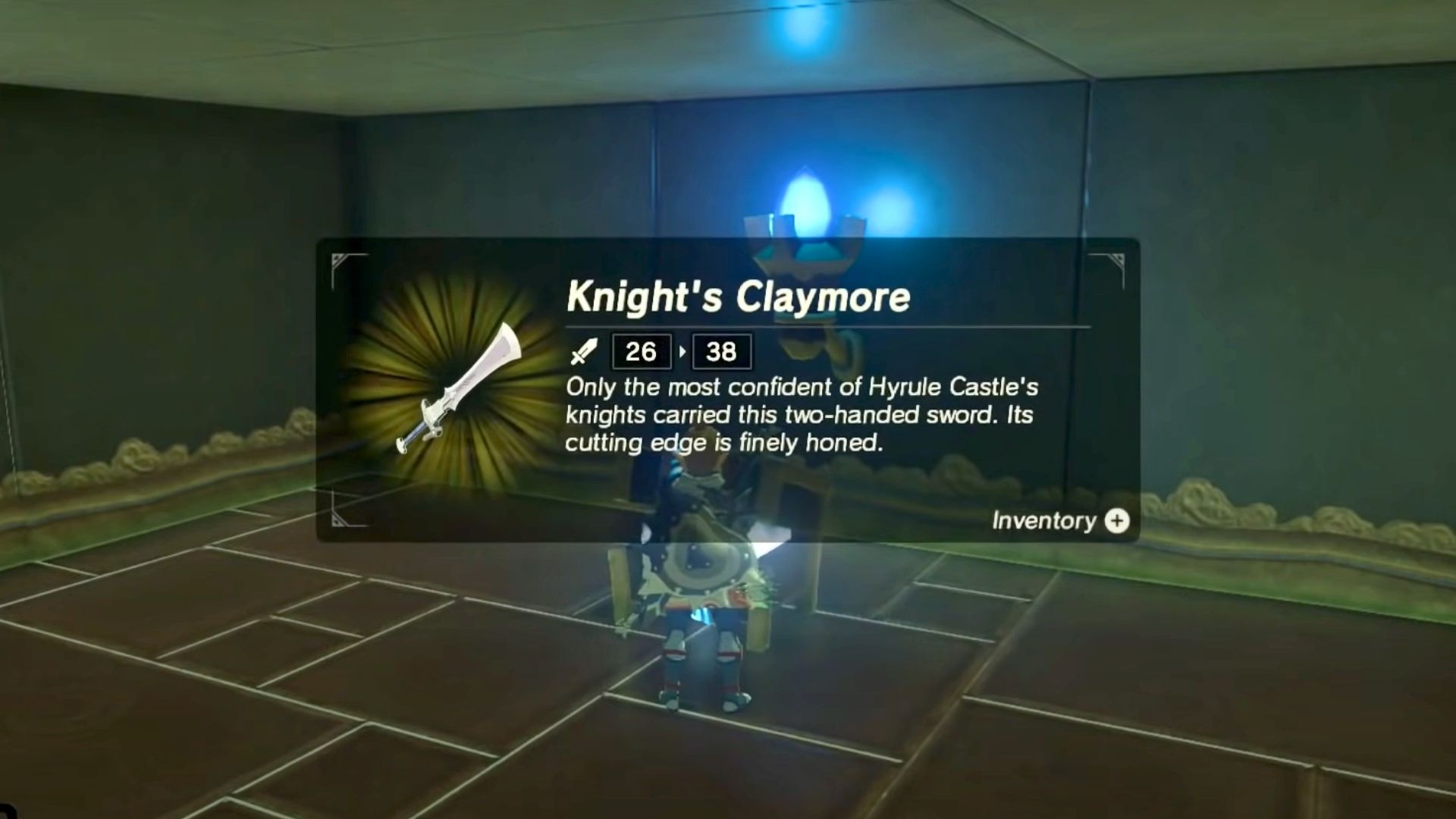 Link recebendo uma Knight's Claymore em Zelda_ Breath of the Wild