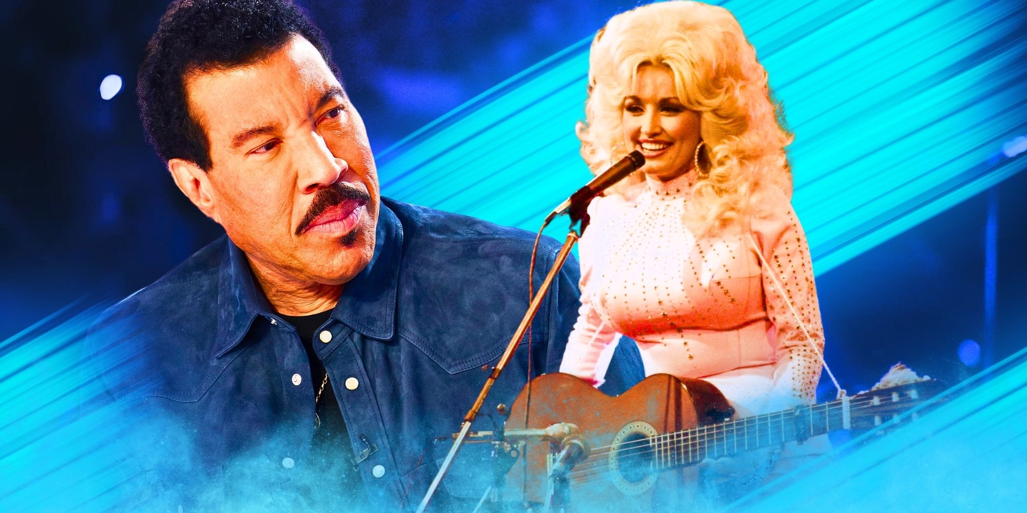 American Idol's Lionel Richie staring at Dolly Parton, who's performing at a mic with a guitar