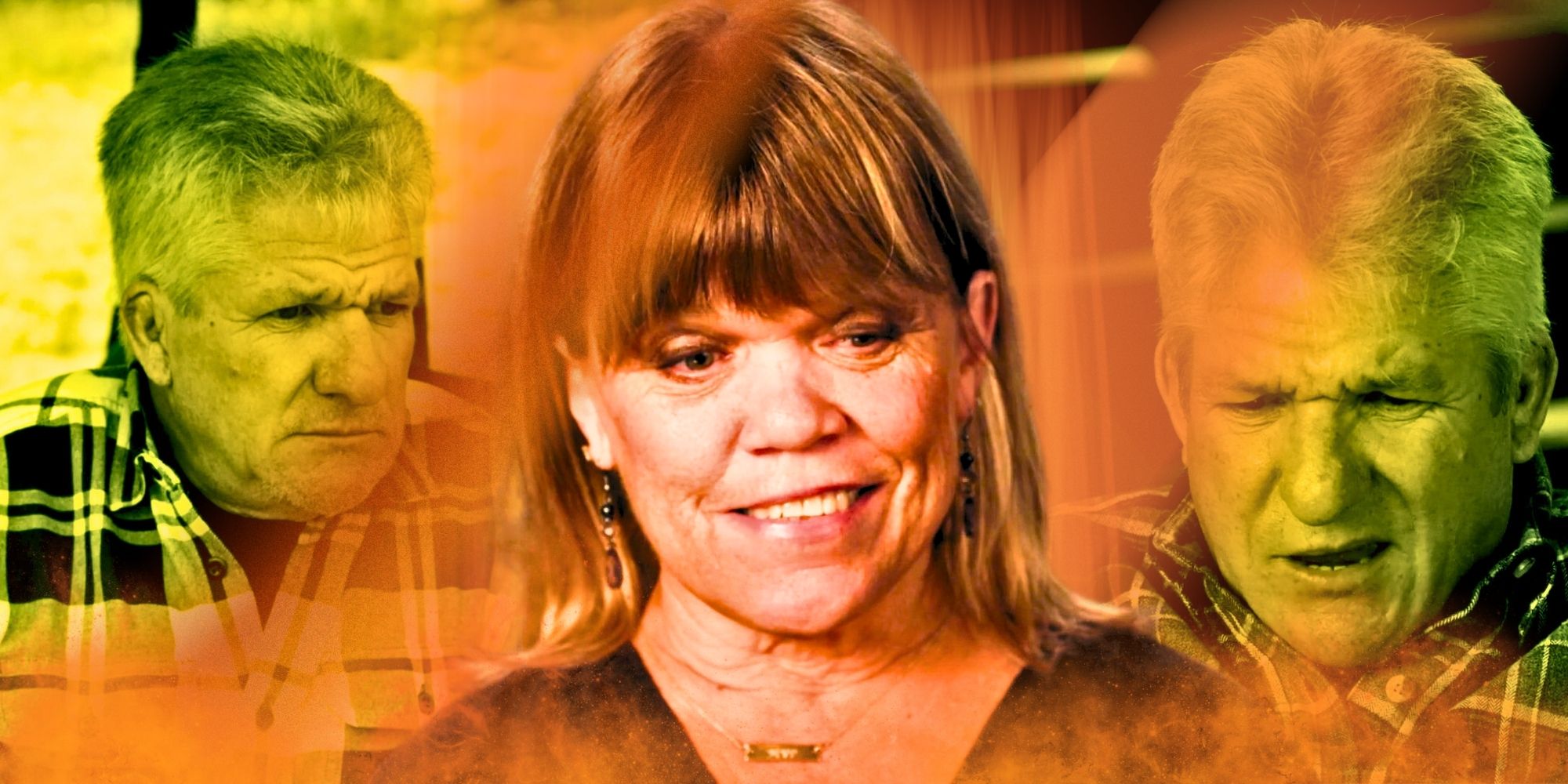 Montage of Little People, Big World's Amy and Matt Roloff looking somber with yellow and orange filters