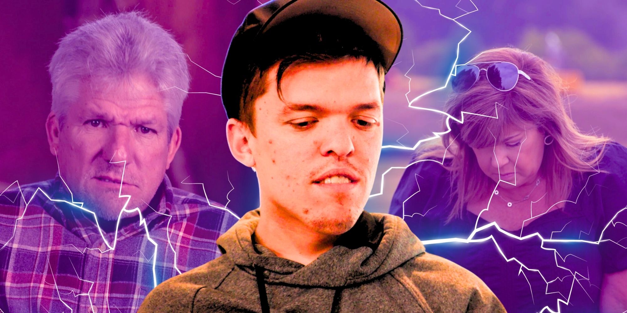 Little People, Big World’s Zach Roloff, Matt Roloff & Caryn Chandler look down with serious expressions, while surrounded by lightning bolts.