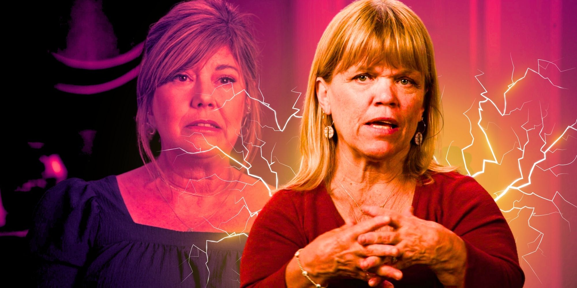 Little People, Big World's Amy Roloff & Caryn Chandler looking serious, with lighting bolts behind Amy
