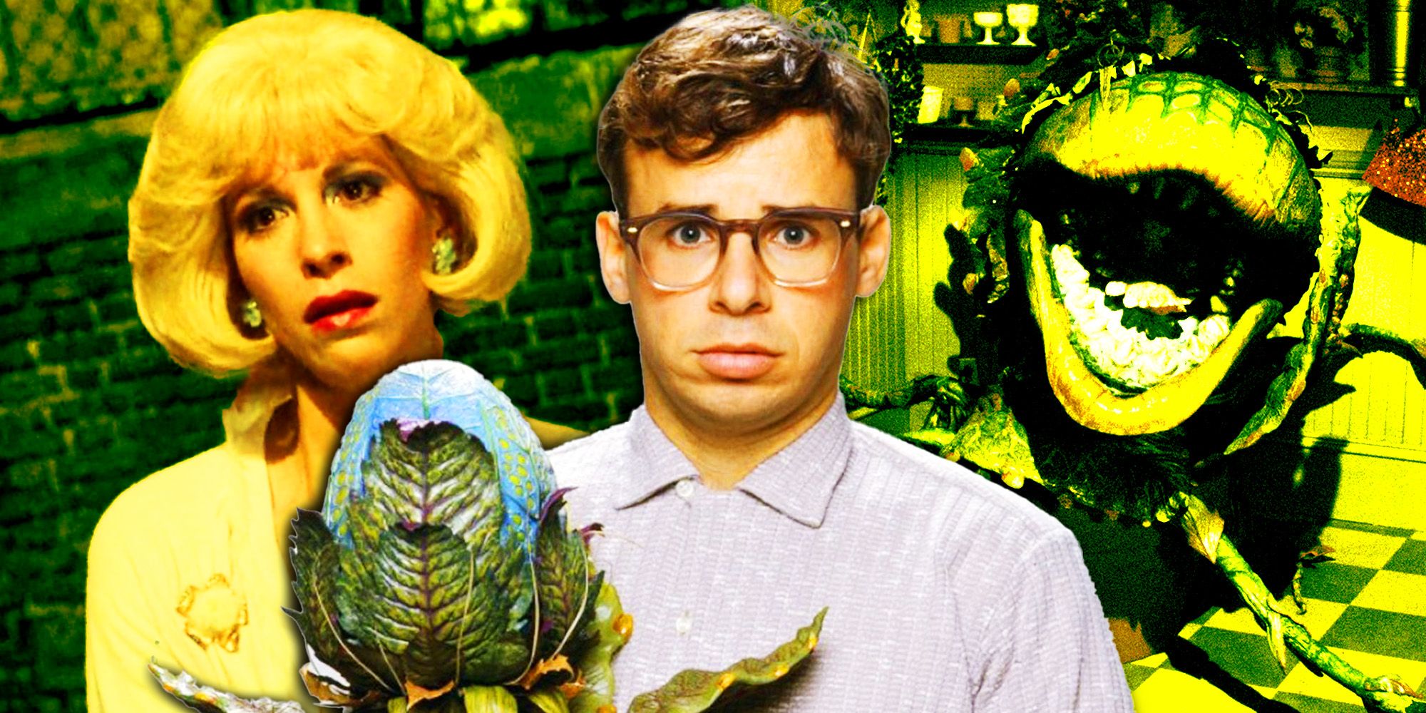 Little Shop of Horrors Audrey next to Seymour holding a small Audrey II next to big Audrey II