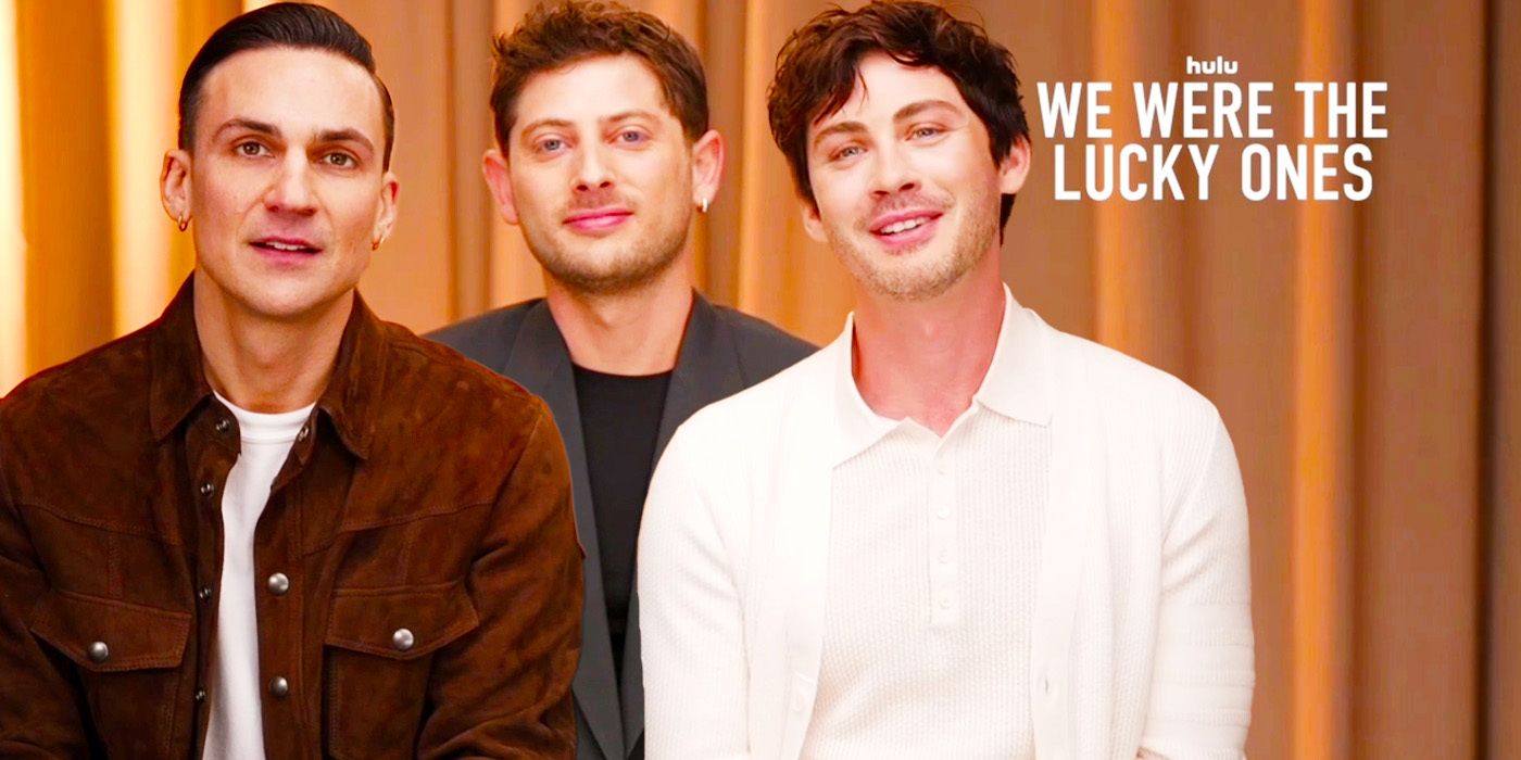 Edited image of Logan Lerman, Amit Rahav & Henry Lloyd-Hughes during We Were The Lucky Ones interview