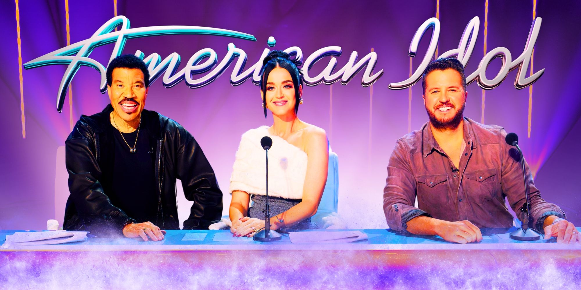 American Idol Judges Lionel Richie Katy Perry and Luke Bryan Sitting at Judges' Table With Purple Background