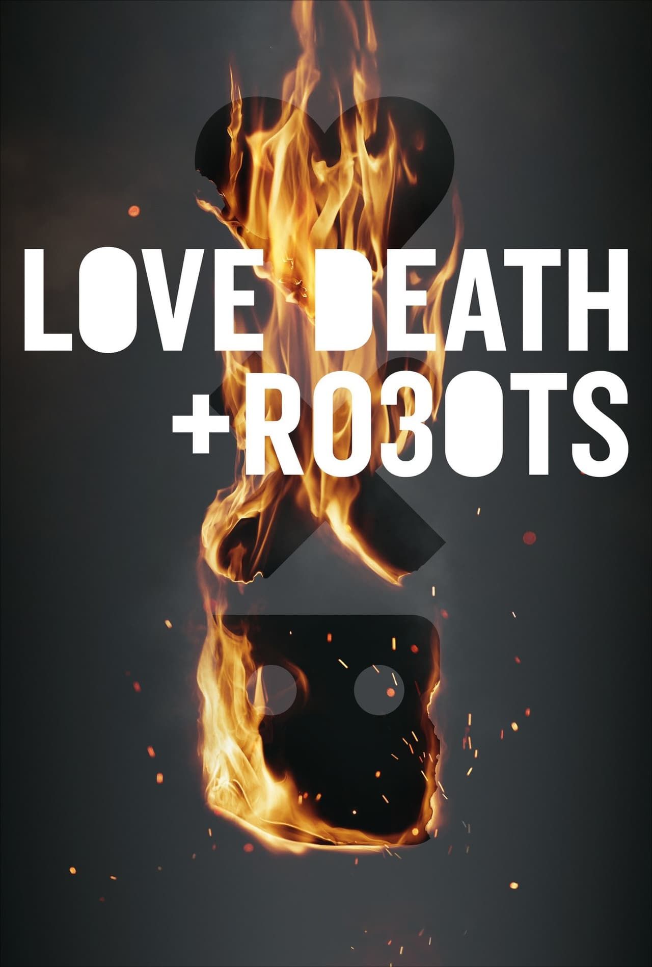 Love Death and Robots Season 3 Poster Showing a Heart, X, and Robot Emoji on Fire