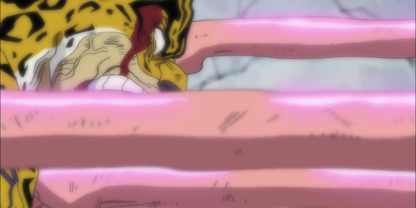 Lucci getting hit my multiple glowing red fists as luffy uses gum gum gatling in the anime in one piece