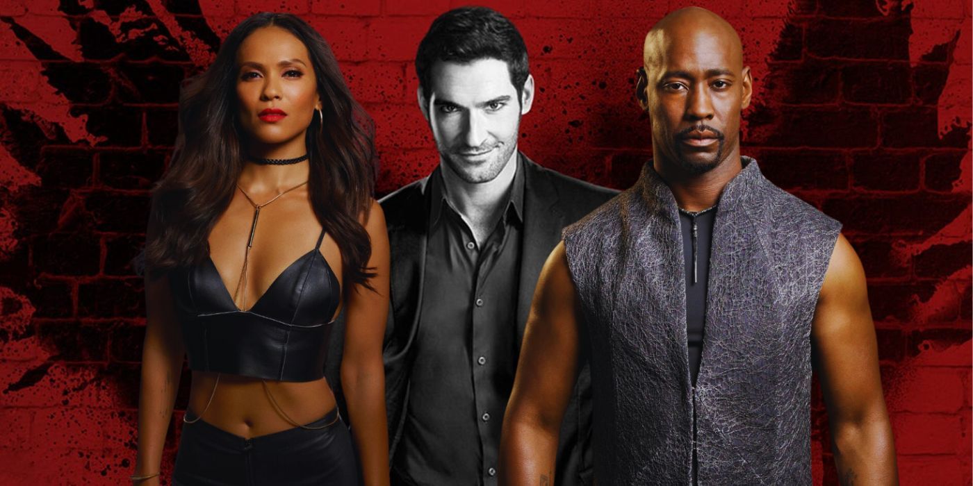 A blended image features Lucifer character Maze and Amenadiel in color on either side of a black and white Lucifer with black wings painted on a red wall in the TV series Lucifer