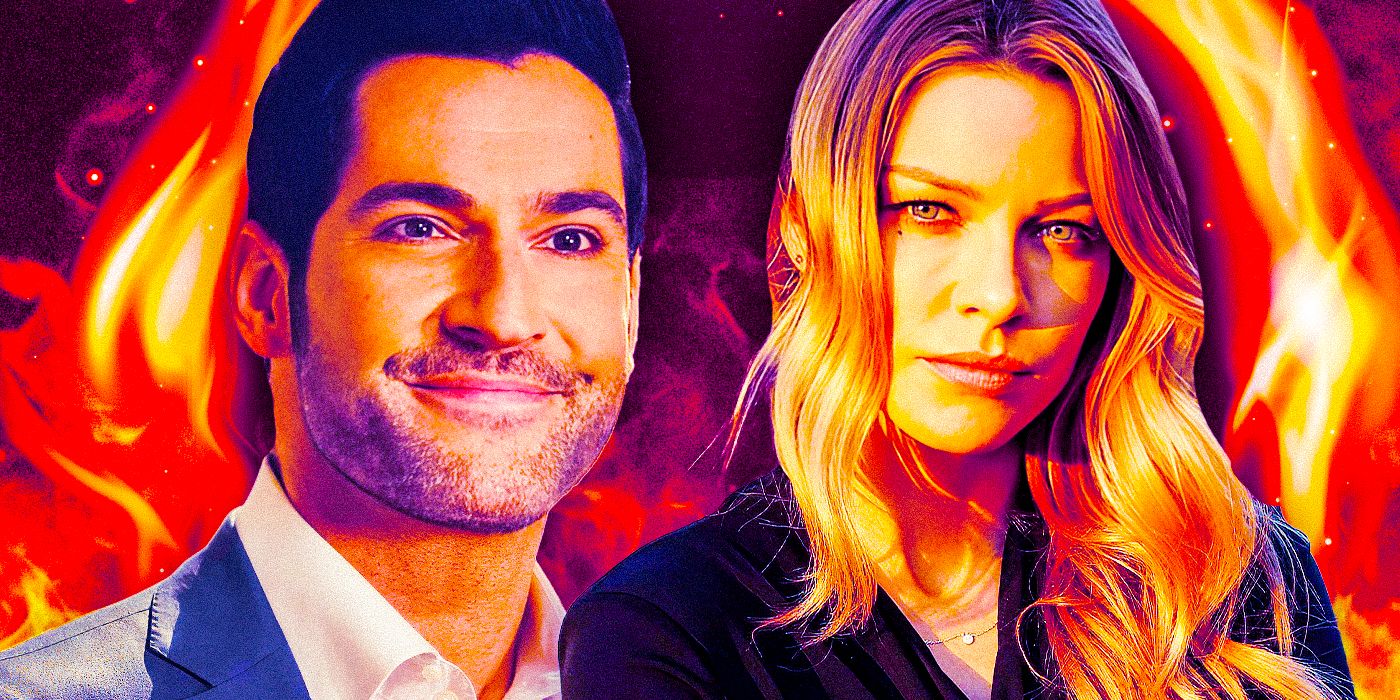 Tom Ellis as Lucifer and Lauren German as Chloe Decker in Lucifer with fire in the background