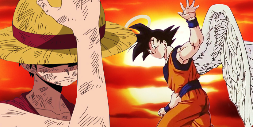 A grieving Luffy holds his hat down while an angelic Goku flies away.