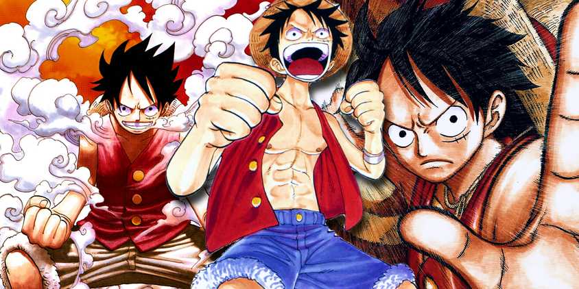 Luffy holding up two fists ready to fight in one piece with two of luffy's gear second poses in the background on either side