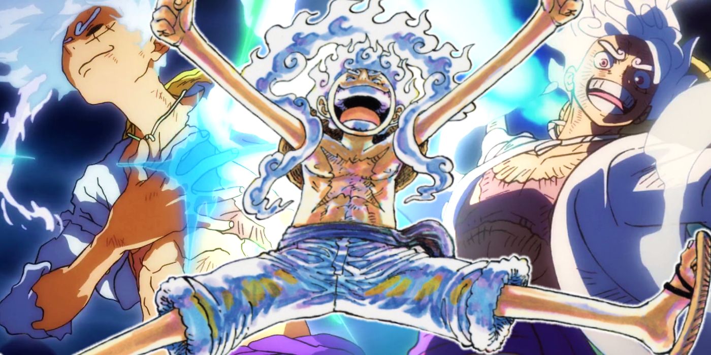 Luffy in gear 5 with his arms and legs outstretched from the cover of volume 108 with stills from luffy's fight against kaido featuring luffy with his hand on his cheest with his eyes closed and luffy grabbing lightning in one piece