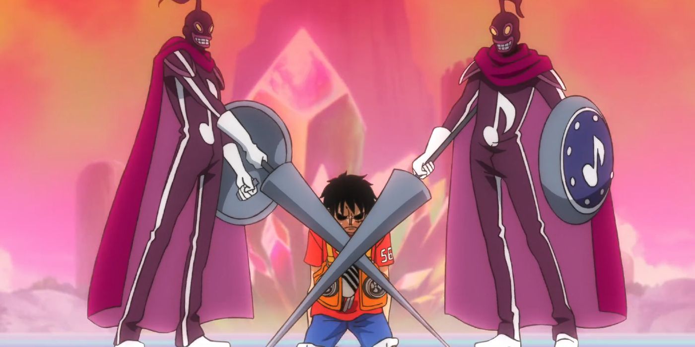 Luffy kneeling with Uta's guards on either side with their lances crossed in front of Luffy in in One Piece Film Red mirroring Rogger's execution