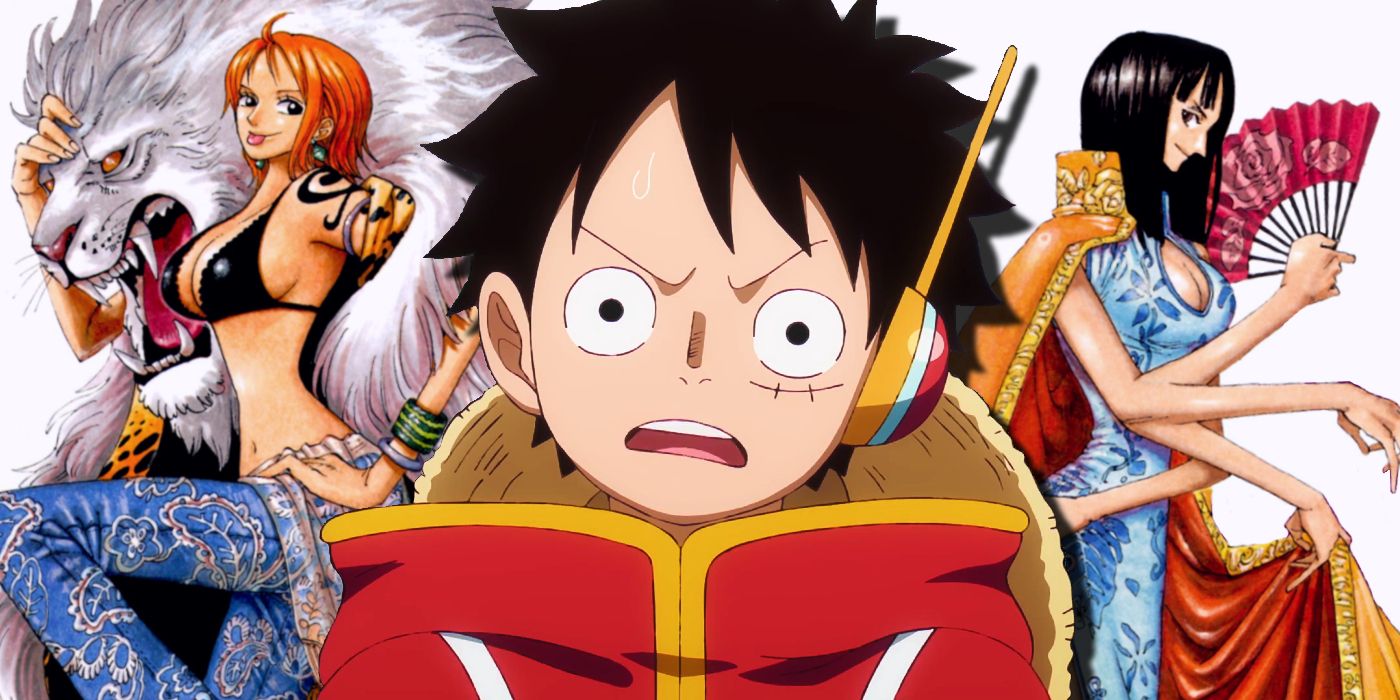 Luffy looking confused in the center with nami holding a white lion's head to the left and robin holding a fan dressed in a blue dress and cape to the right in one piece
