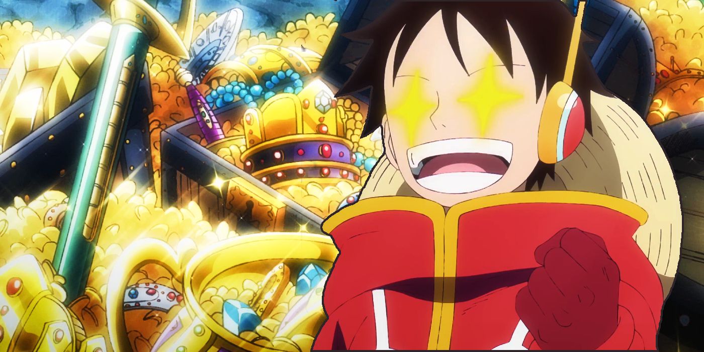 Luffy looking excitedly at a pile of treasure with stars in place of his eyes wearing his egghead outfit from One Piece