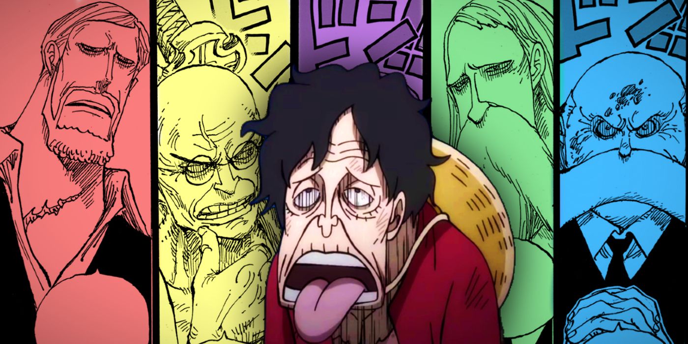 Luffy parece cansado depois de usar o Gear 5 em One Piece com quatro dos cinco anciãos atrás dele