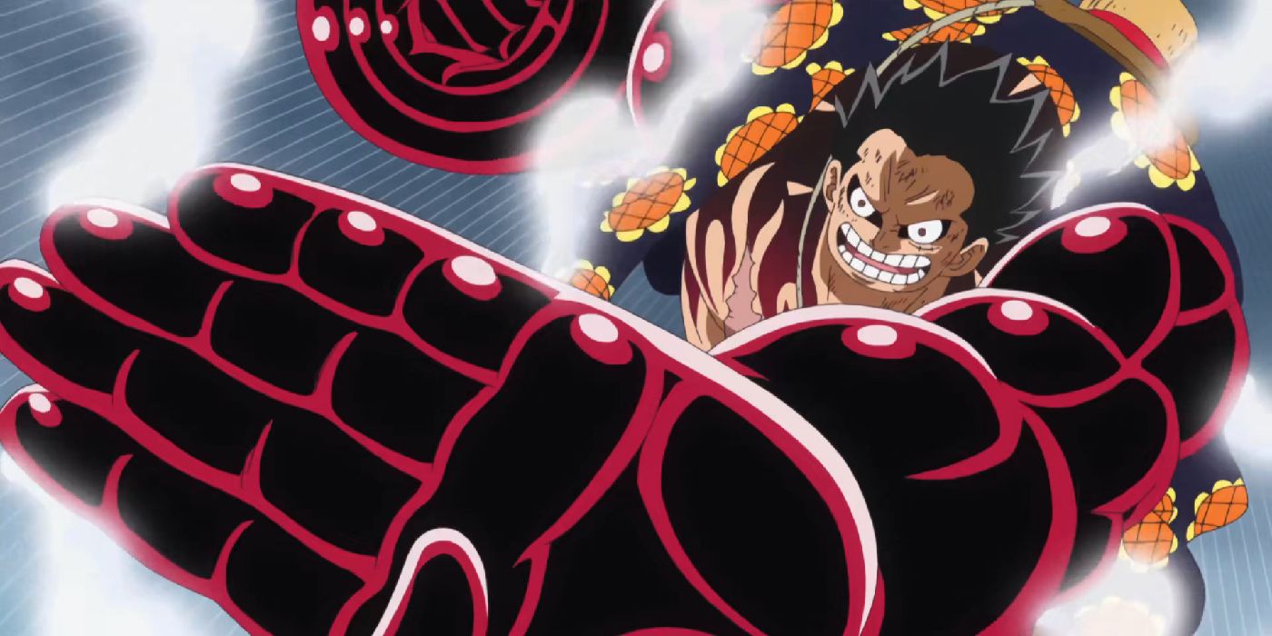 Luffy preparing to punch doflamingo with king kong gun with his palm stretched out in front of bim in gear fourth and his enlarged fist behind him in the anime in one piece