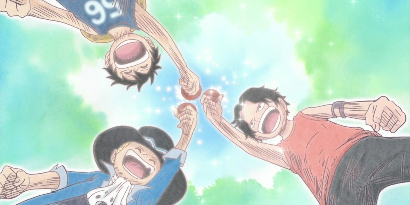 Luffy Sabo and Ace smile as they clink their sake cups in One Piece.