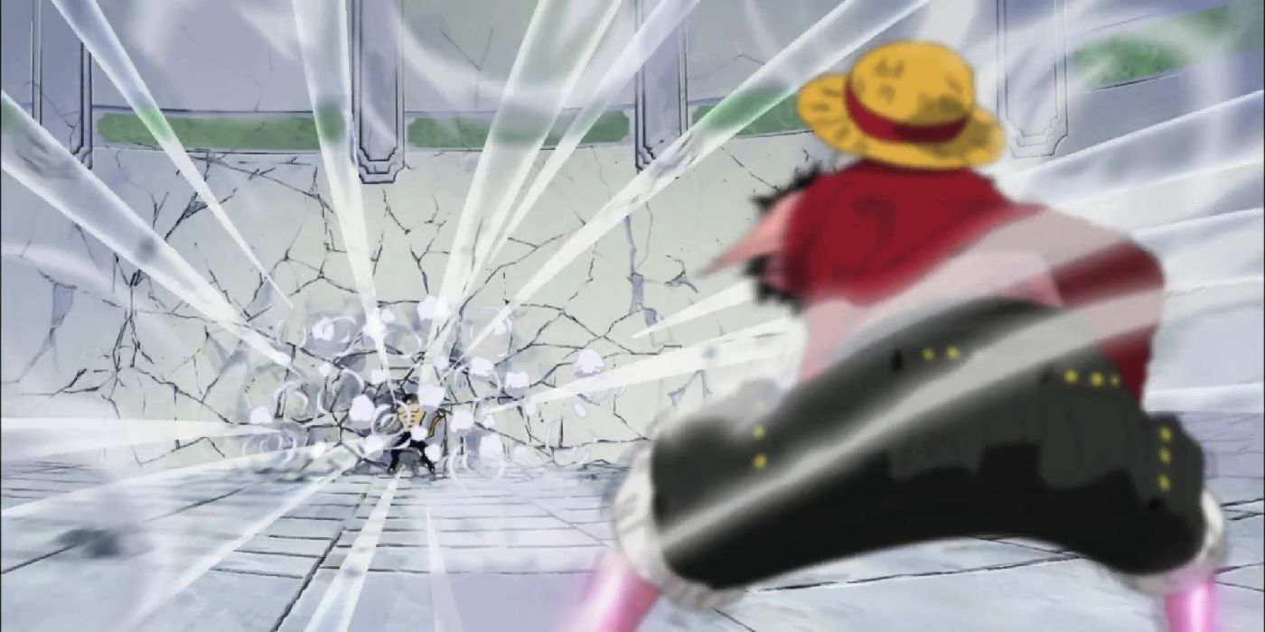 Luffy throwing punches so fast they look invisible at lucci who is pressed against the wall as luffy uses gum gum gatling in one piece in the anime