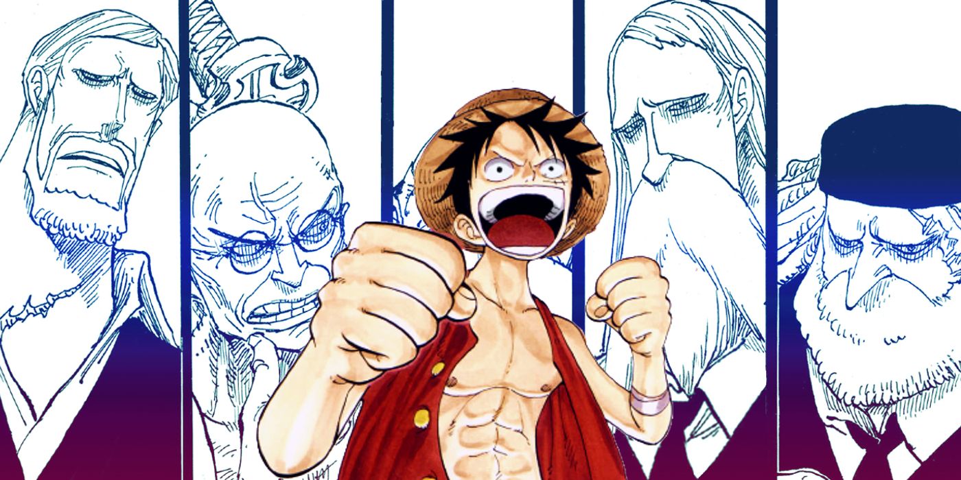 luffy with his fists raised, ready to fight with the five elders in the background in one piece