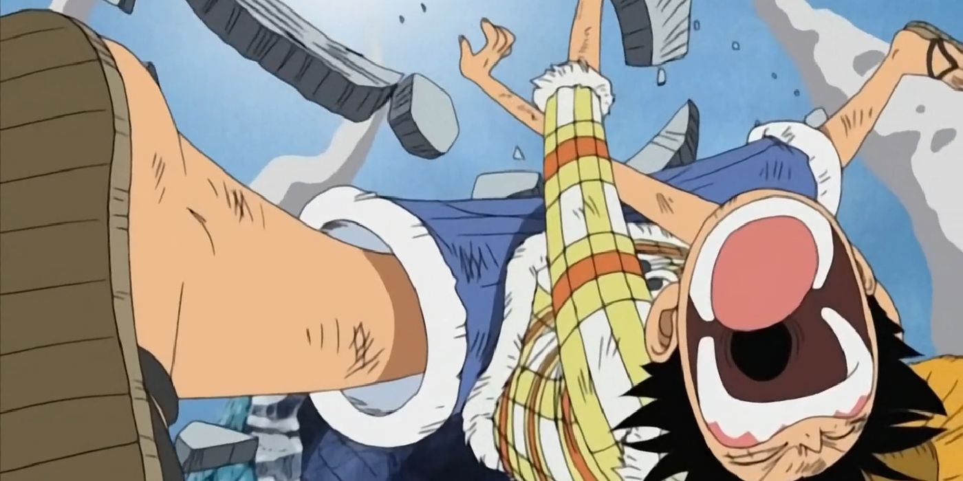 Luffy with his mouth open wide and his hands stretched in front of him after flinging Wapol away using gum gum bazooka in one piece