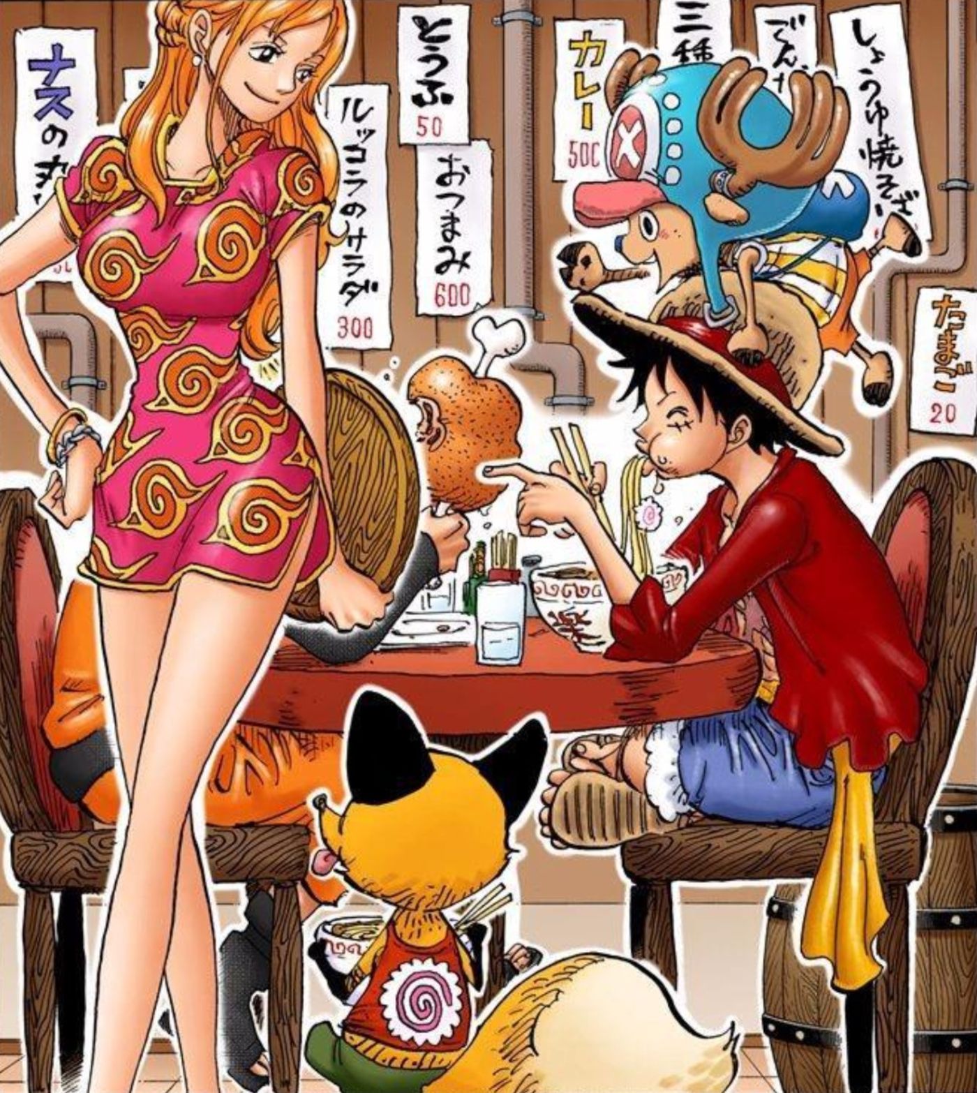Colored manga panel from One Piece chapter 766 shows Luffy sharing food with Naruto, who is obscured by Nami wearing a dress covered with Konoha's symbol.
