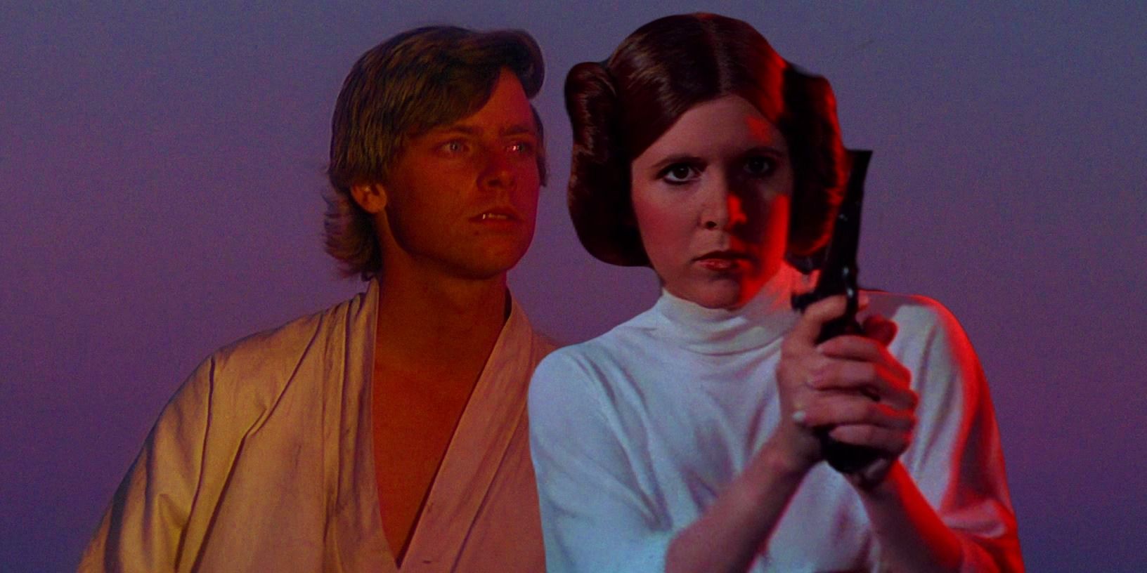 Luke stands looking off to the side on the left and Leia stands next to him holding a blaster 