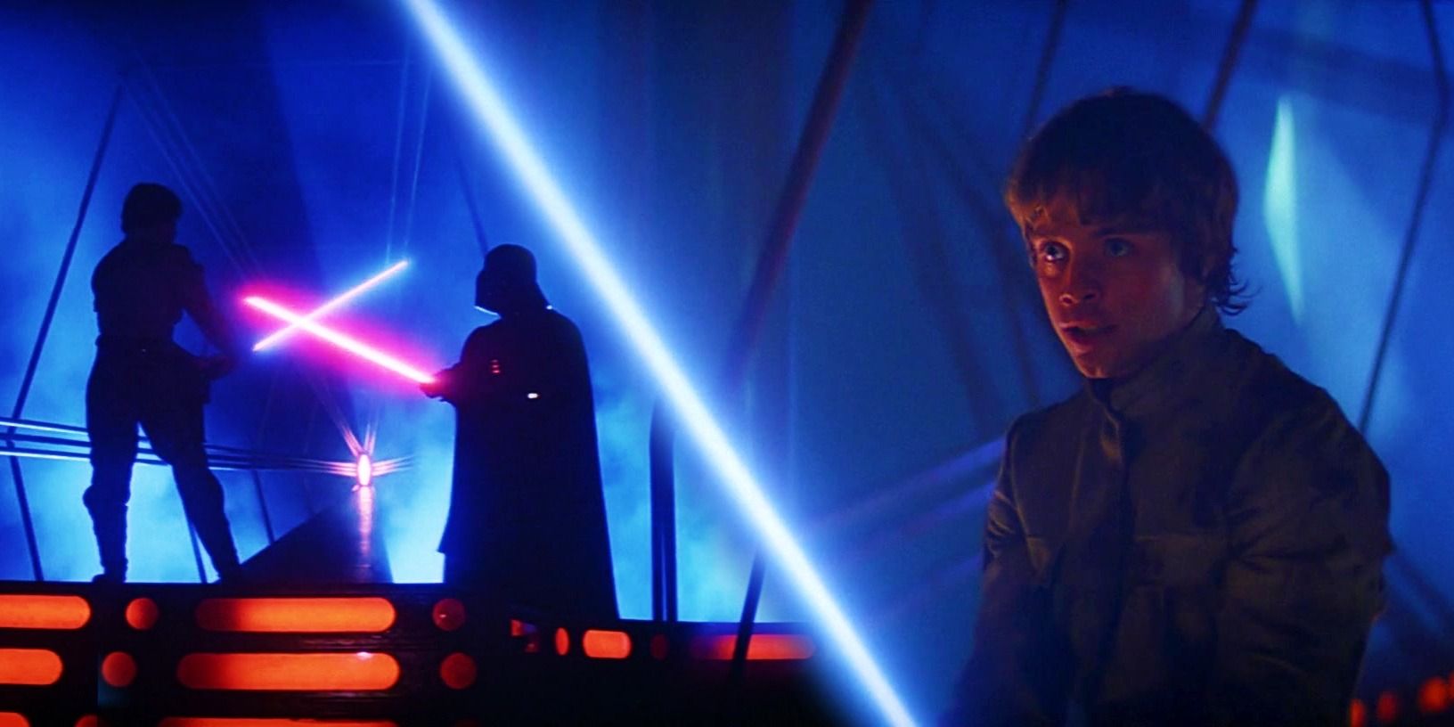 Luke and Vader fighting in The Empire Strikes Back to the left and Luke wielding his blue lightsaber to the right