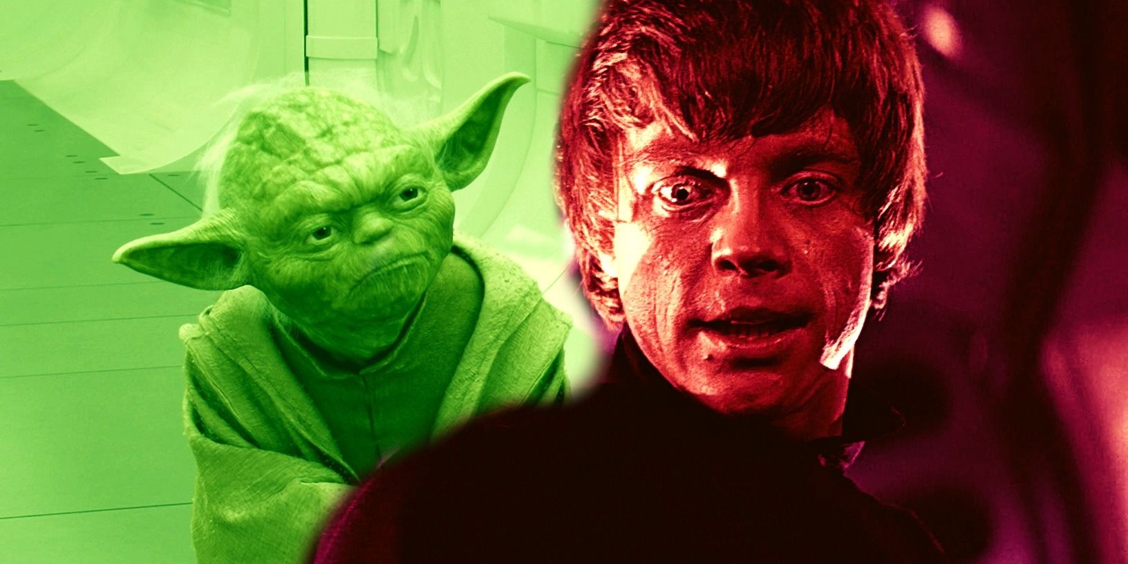 Yoda from Revenge of the Sith in a bright green hue to the left and Luke looking surprised in Return of the Jedi in a deep red hue to the right.