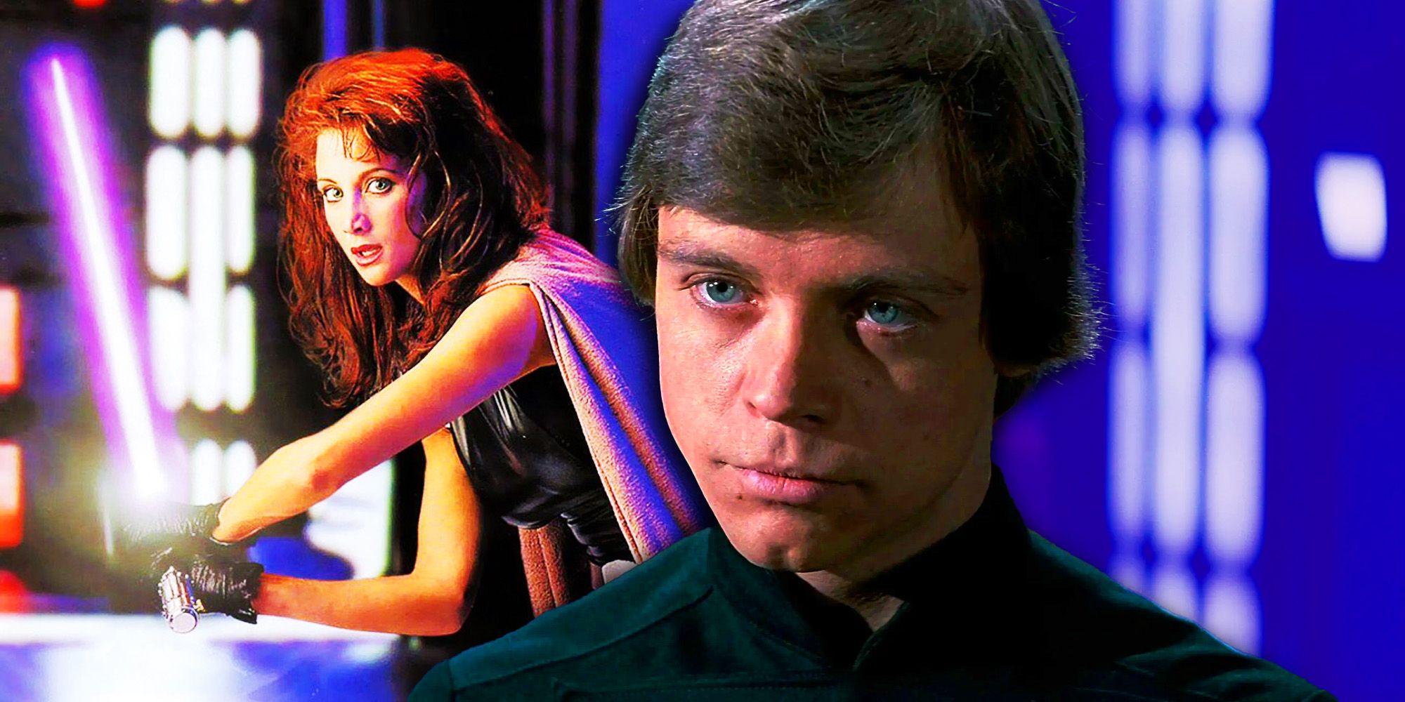 Mark Hamill's Luke Skywalker looks serious in Return of the Jedi, superimposed over Mara Jade in Star Wars