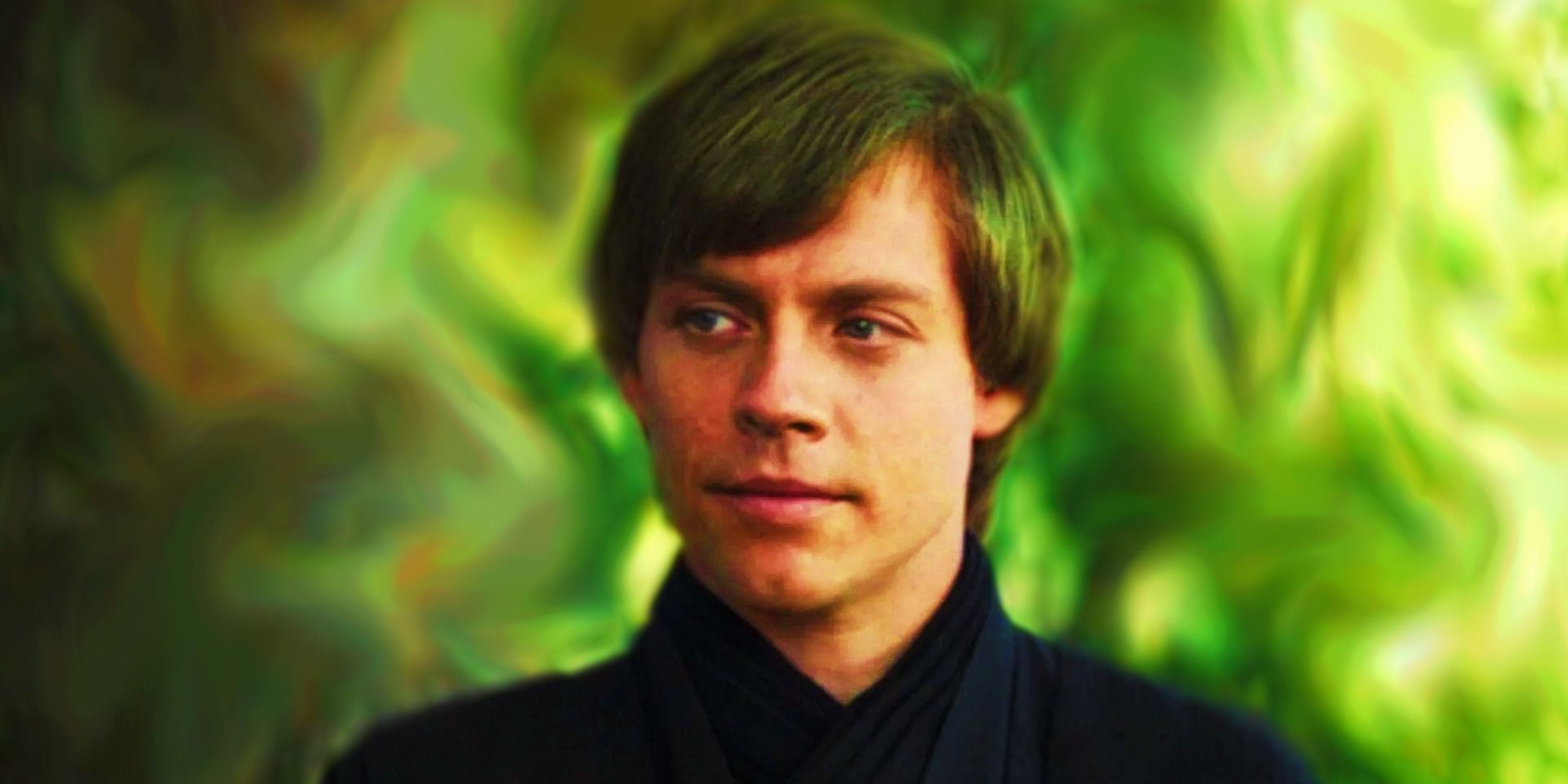 Luke Skywalker looking to the side Book of Boba Fett with a vibrant distorted green background
