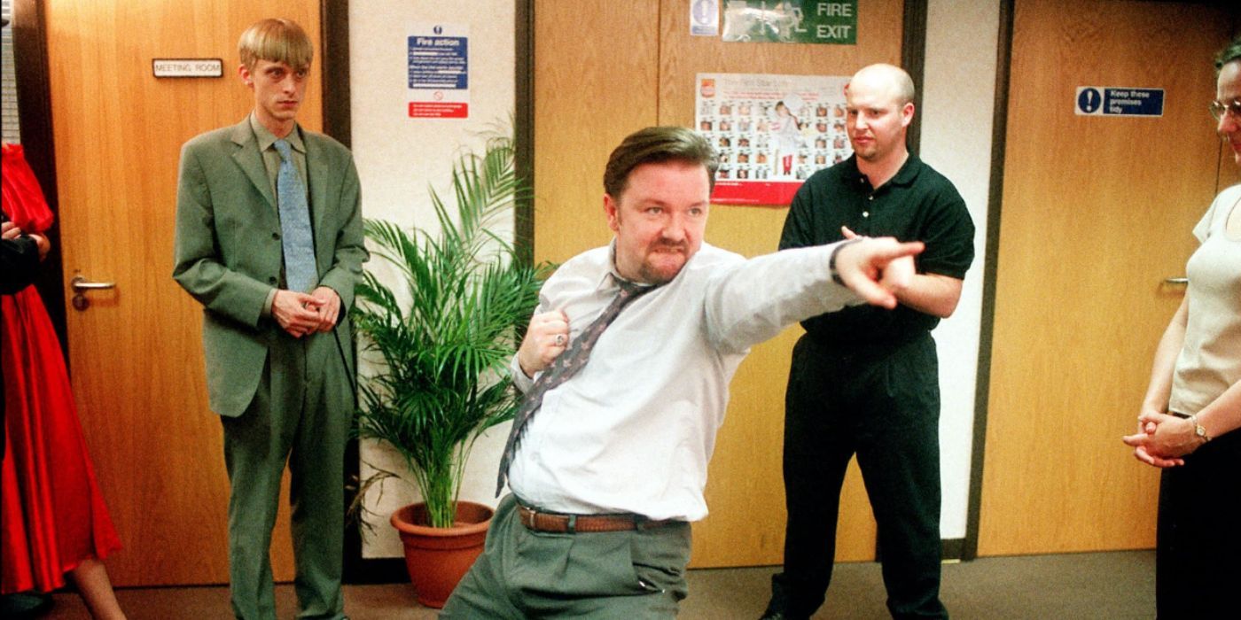 Garreth (Mackenzie Crook), David (Ricky Gervais), and Jamie Deeks in The Office