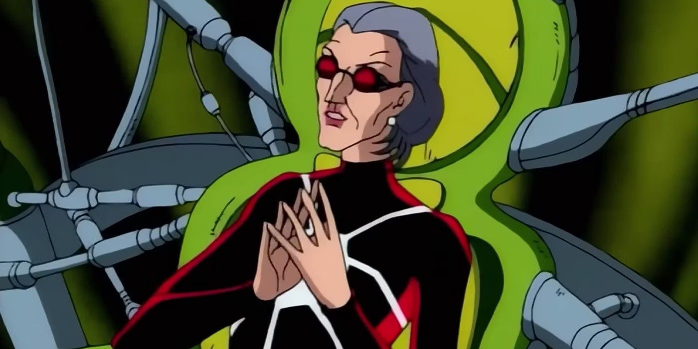 Madame web talking in her signature chair in spider-man the animated series