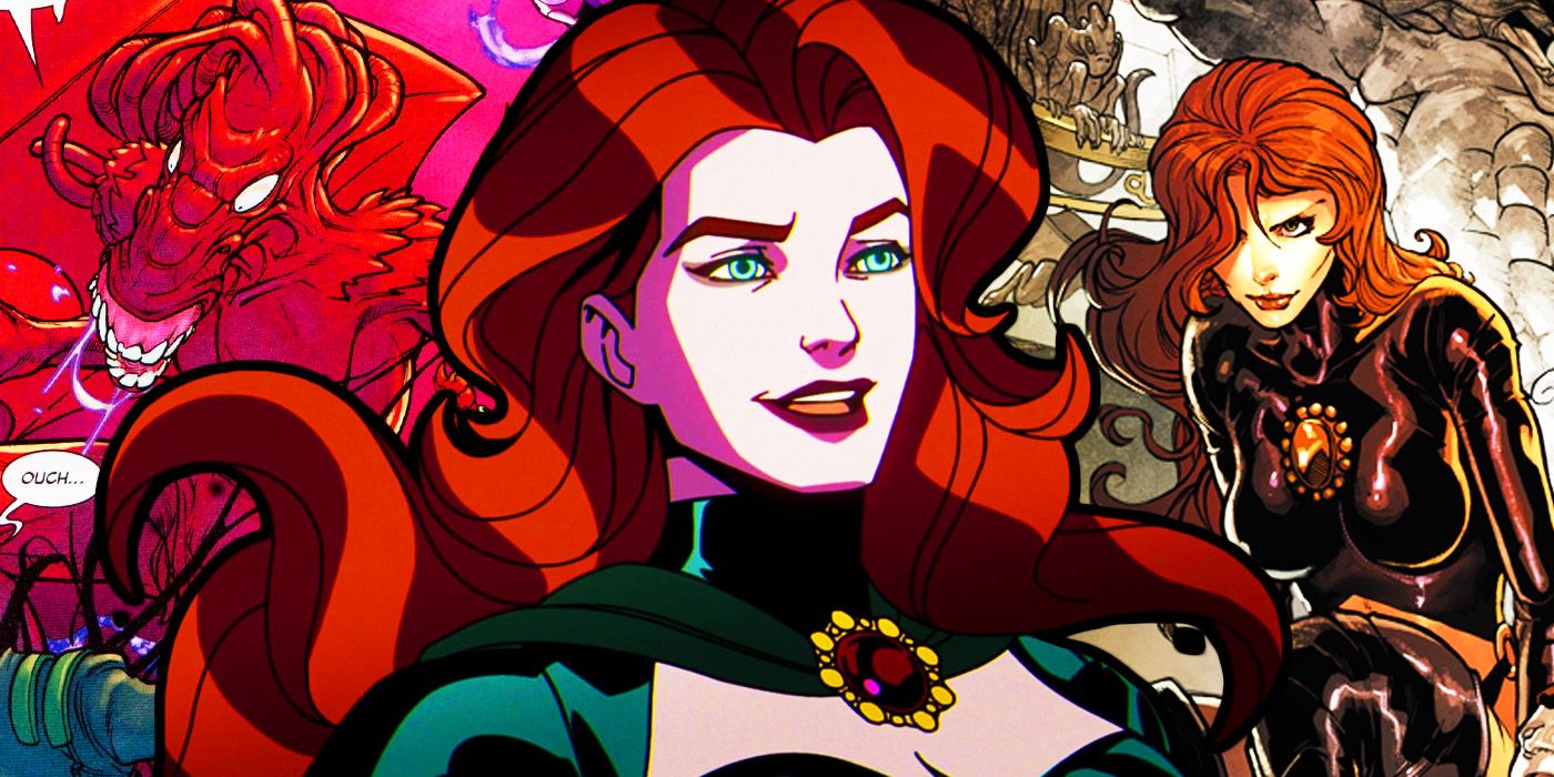 Madelyne Pryor in X-Men '97 with scenes from Inferno in Marvel Comics