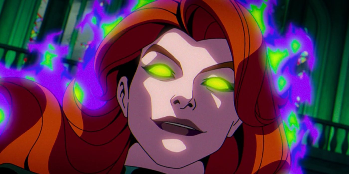 Madelyne Pryor cercada por energia escura com olhos verdes brilhantes em X-Men '97