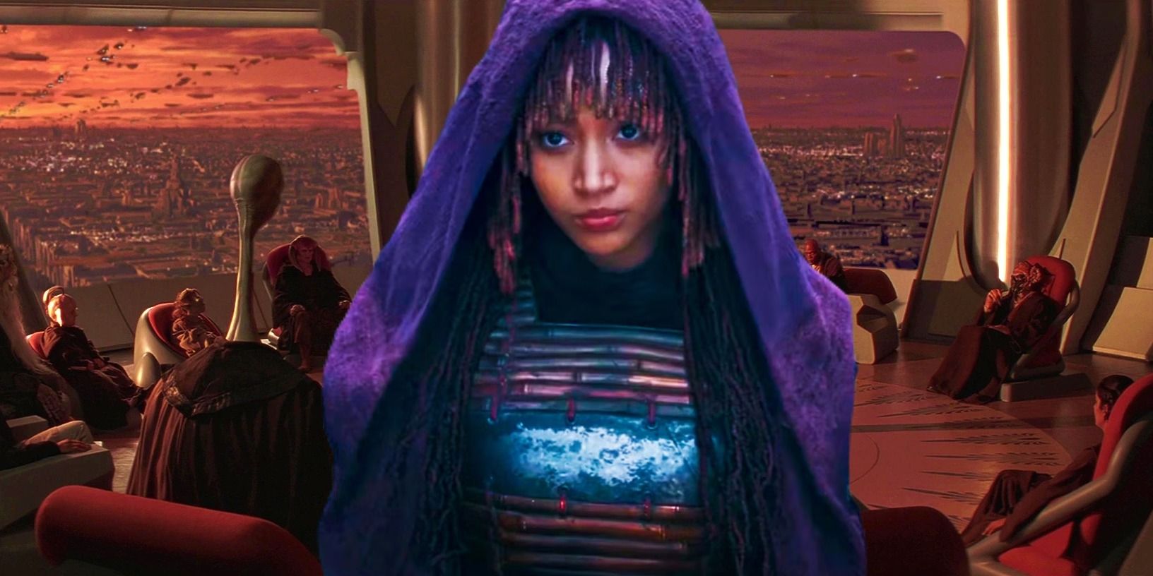 Mae from The Acolyte trailer in front of the Jedi Council from the prequel trilogy