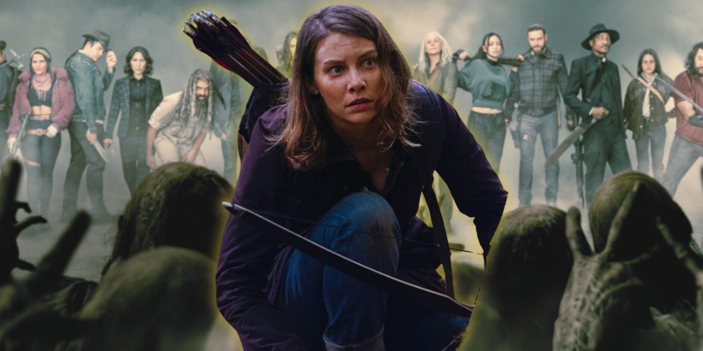 a composite image features Maggie Rhee (Lauren Cohan) crouching with her bow and arrows in the foreground with the rest of The Walking Dead cast behind her facing a zombie horde
