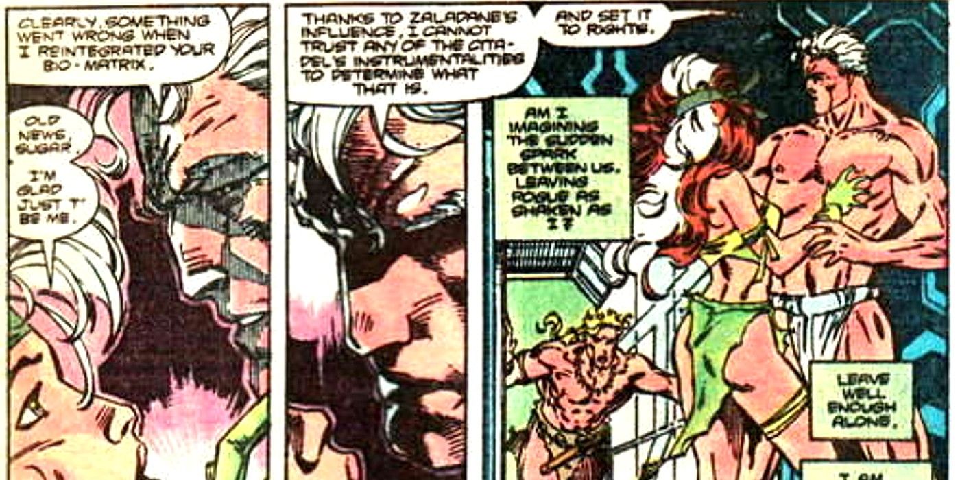 Magneto e Rogue se abraçam na terra selvagem nos quadrinhos dos X-Men