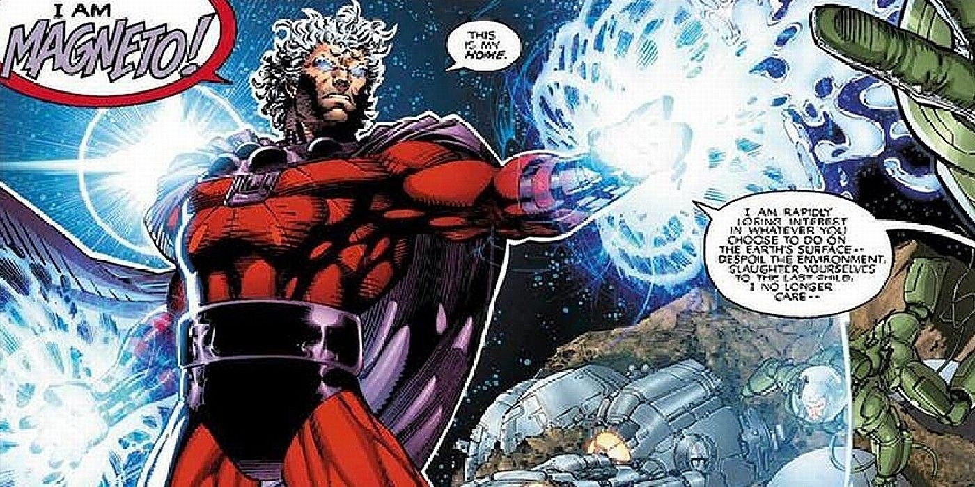 Magneto lutando no espaço acima do asteroide M nos quadrinhos dos X-Men