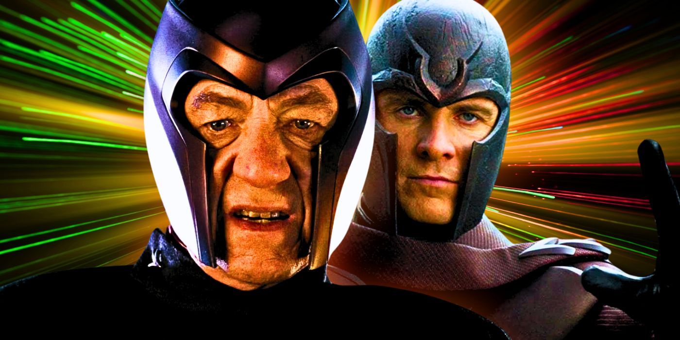 Magneto played by Ian McKellen and Michael Fassbender in front of a starburst effect