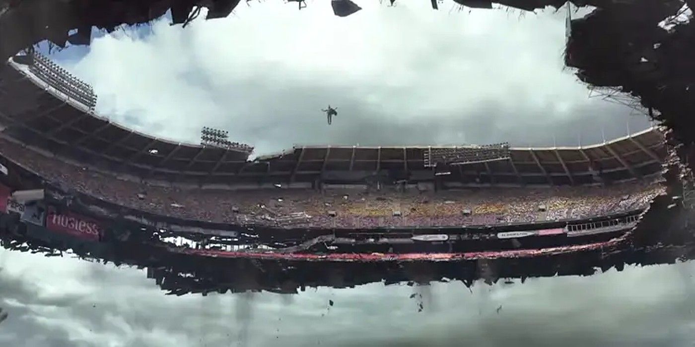 Magneto in the air lifting a football stadium in x-men days of future past