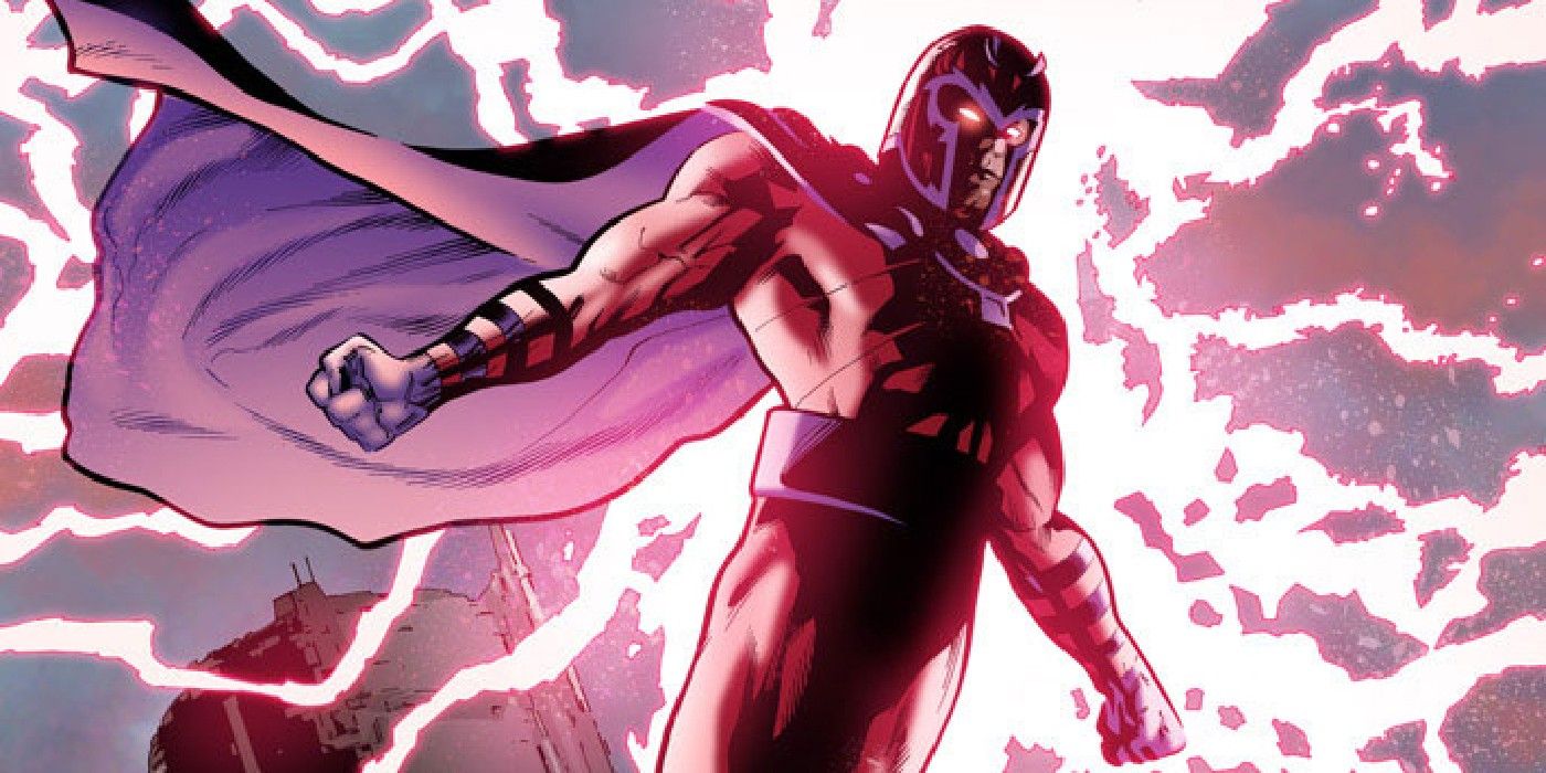 Magneto, surrounded by electrical power, using his magnetic powers to levitate
