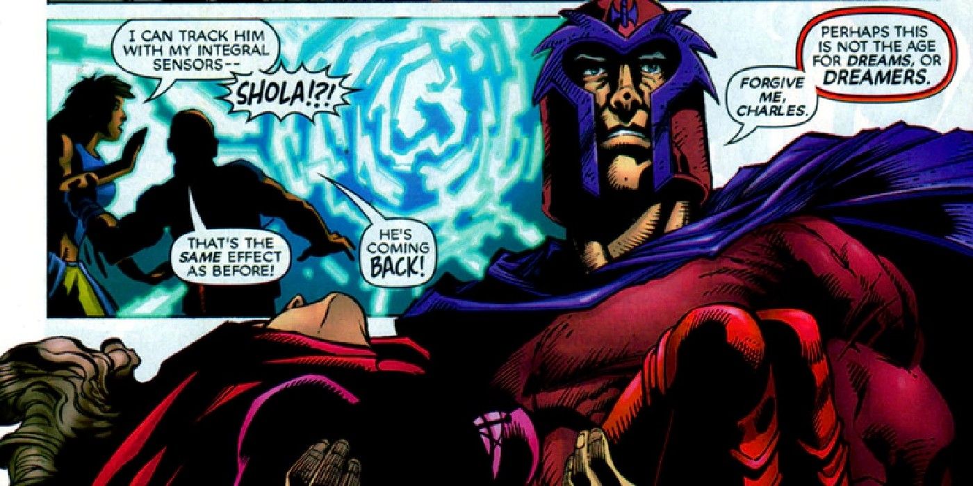 Magneto viajando pelo portal nos quadrinhos dos X-Men
