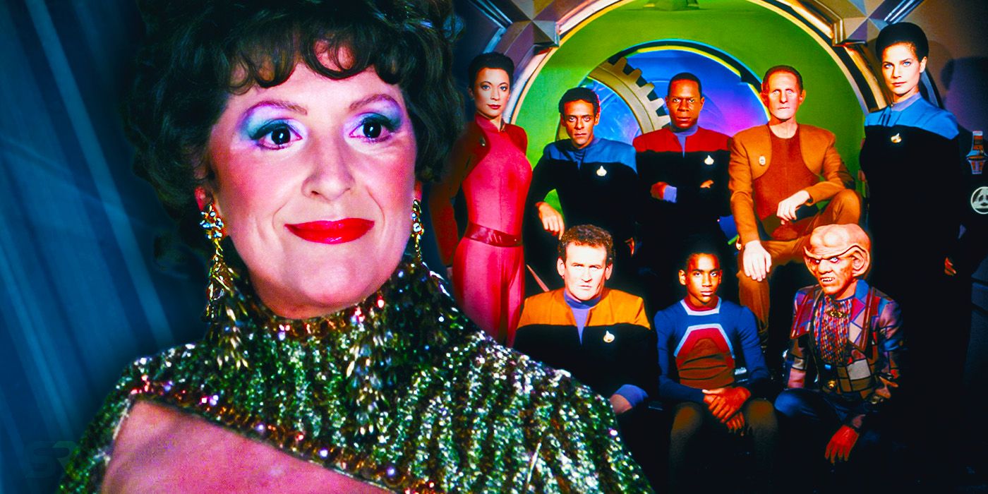 Majel Barrett-Roddenberry as Lwaxana Troi with the cast of Star Trek: Deep Space Nine
