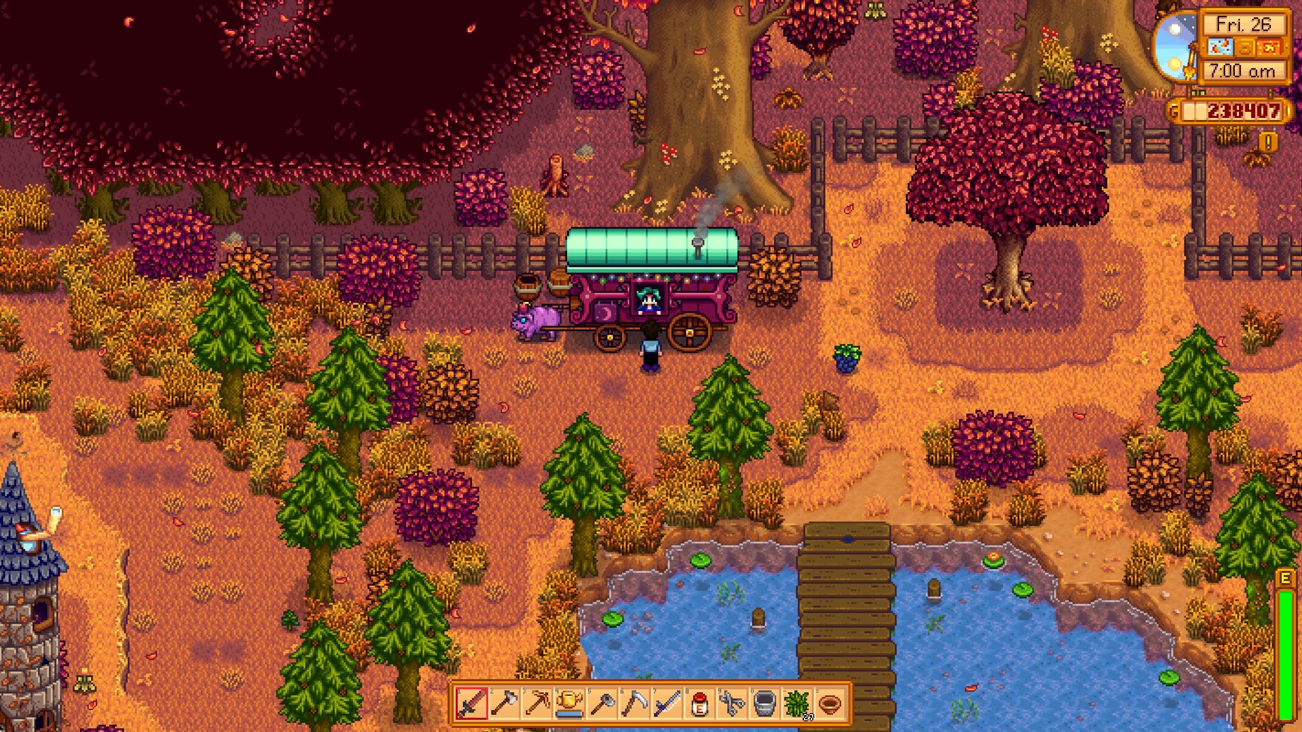 Male Player Visiting Stardew Valley's Traveling Cart In Autumnal Meadow In Fall