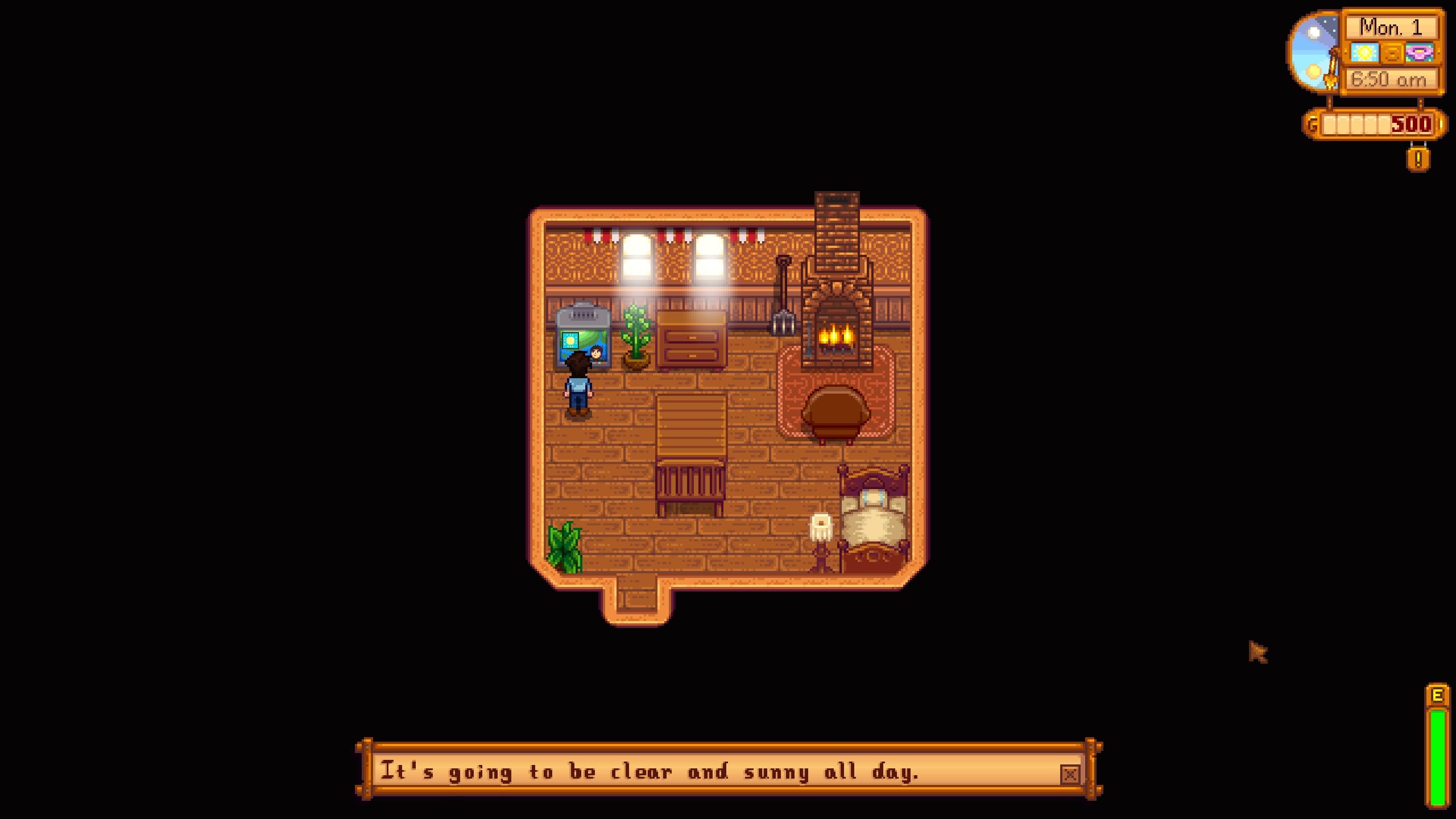 Male Player Watching Weather Forecast On TV In Stardew Valley Meadowlands Farm Cabin