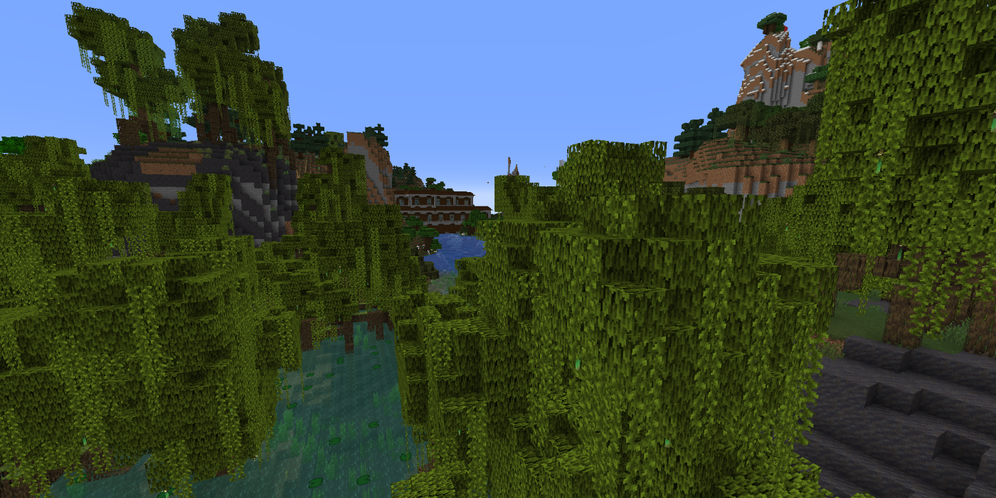 A mangrove swamp with a forest mansion in the distance.  This is where players spawn in Minecraft.