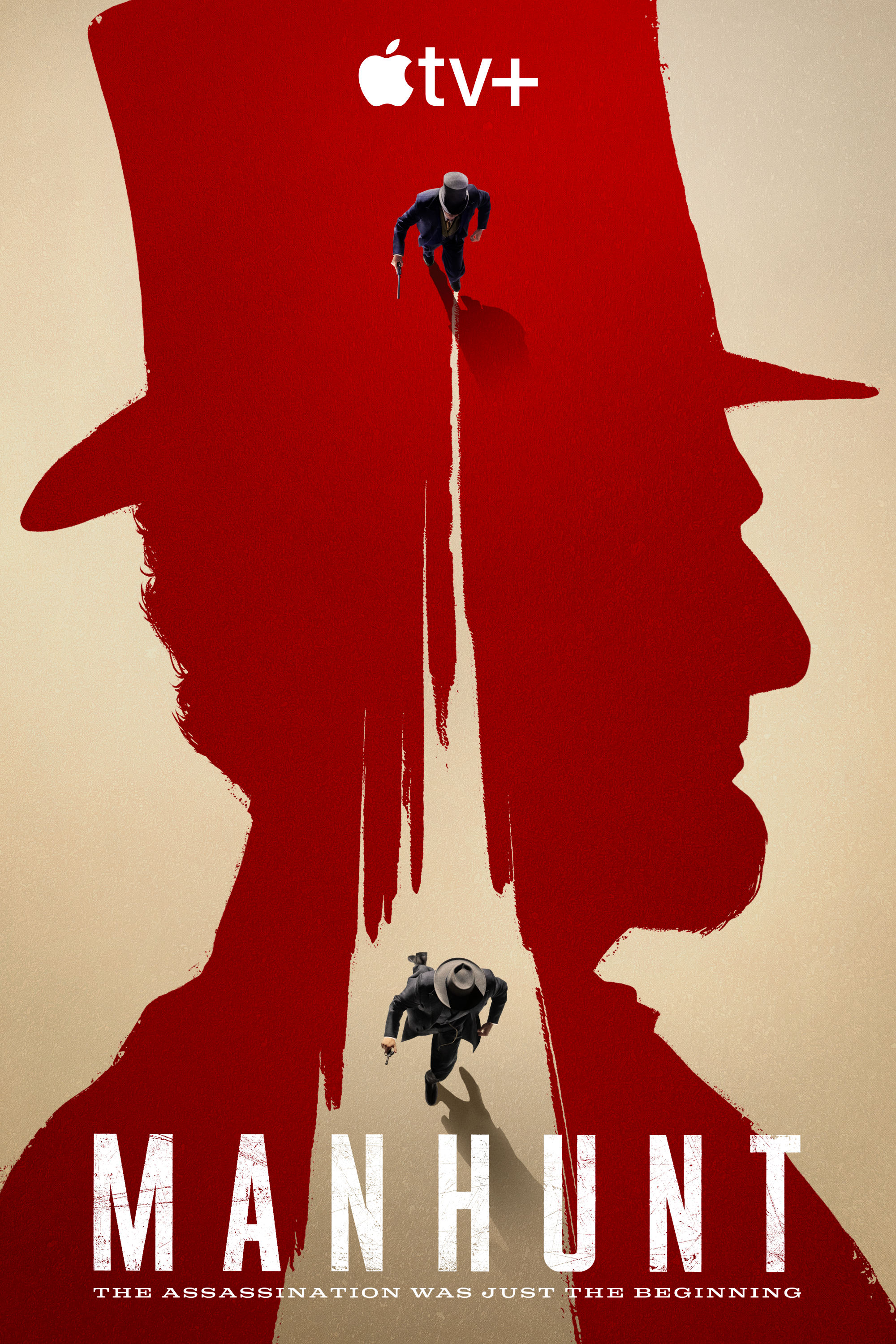A poster for the TV show Manhunt depicting a man chasing John Wilkes Booth in the silhouette of Abraham Lincoln.