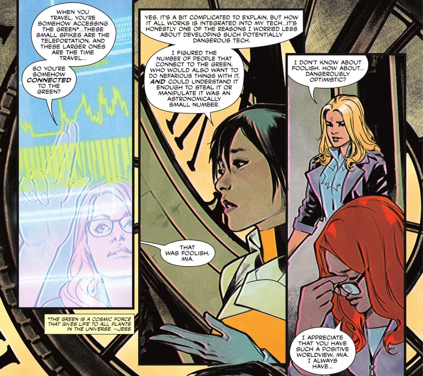 Comic book panels: Barbara Gordon discusses the Green with Meridian and Black Canary from behind a computer screen.